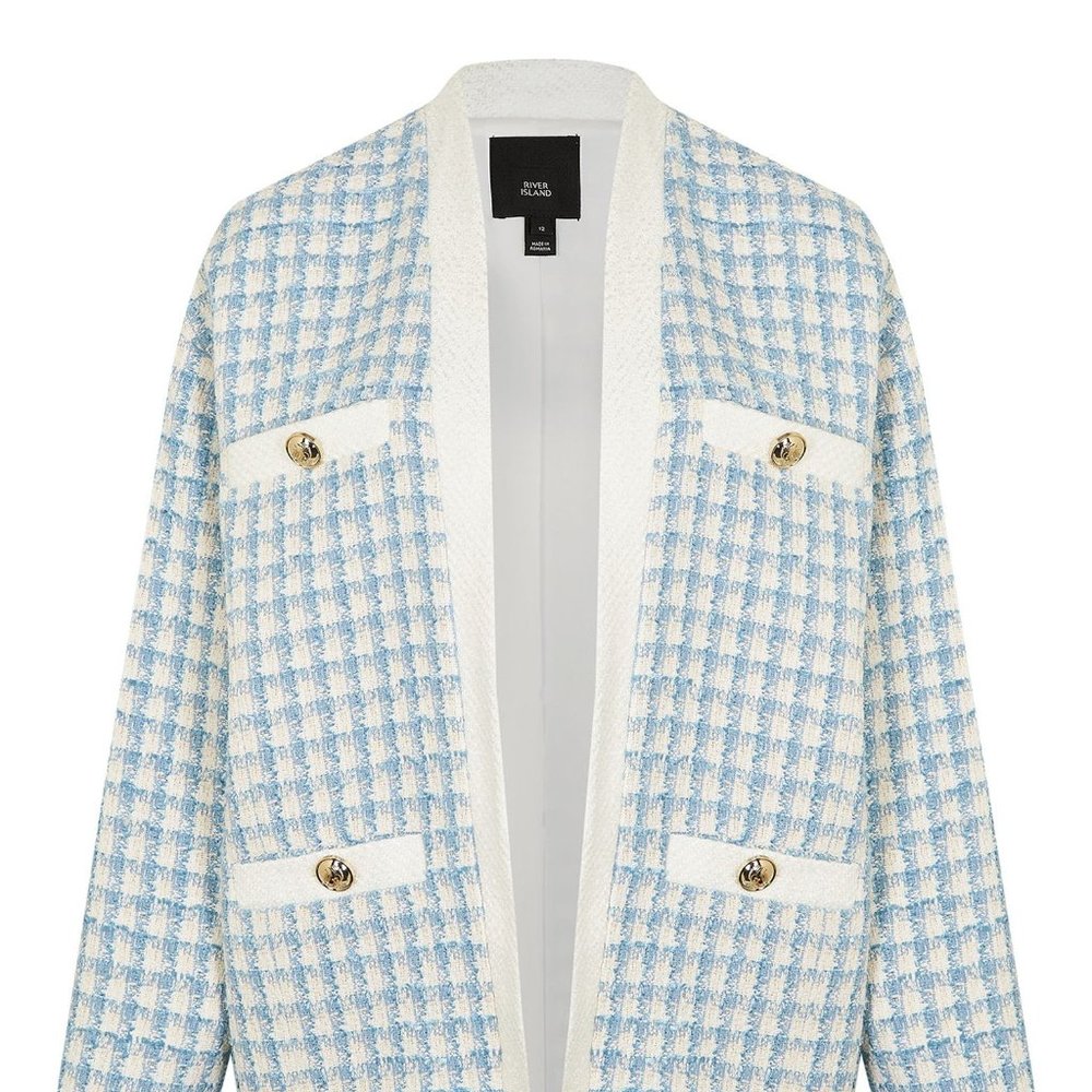 NWT RIVER ISLAND Bouclé Tweed Light Blue Check Paid Cardigan Jacket UK8/US4